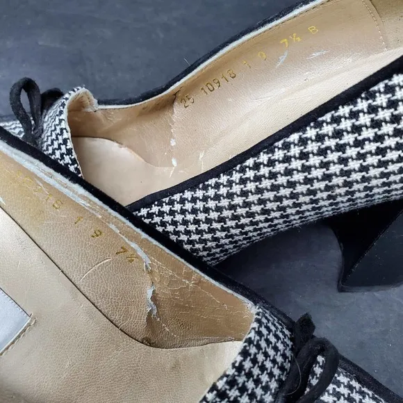 Vintage Sacha London Square Toe Women Block Heel SZ 7.5 Black White Houndstooth