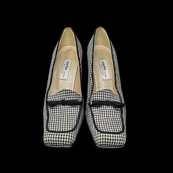 Vintage Sacha London Square Toe Women Block Heel SZ 7.5 Black White Houndstooth