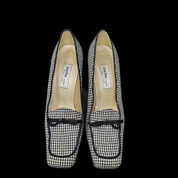 Vintage Sacha London Square Toe Women Block Heel SZ 7.5 Black White Houndstooth