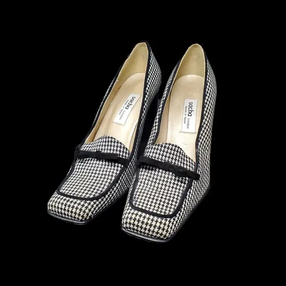 Vintage Sacha London Square Toe Women Block Heel SZ 7.5 Black White Houndstooth