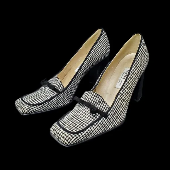 Vintage Sacha London Square Toe Women Block Heel SZ 7.5 Black White Houndstooth