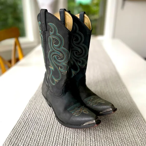Vintage Smokey Mountain Teal Brown Embroidered Black Leather Cowboy Boots