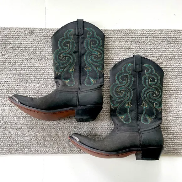 Vintage Smokey Mountain Teal Brown Embroidered Black Leather Cowboy Boots