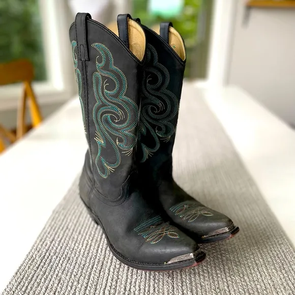 Vintage Smokey Mountain Teal Brown Embroidered Black Leather Cowboy Boots