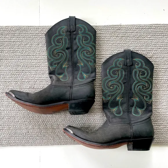 Vintage Smokey Mountain Teal Brown Embroidered Black Leather Cowboy Boots