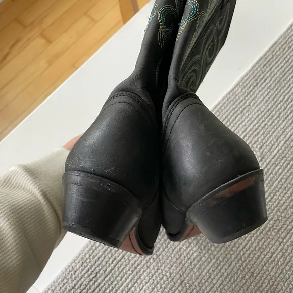 Vintage Smokey Mountain Teal Brown Embroidered Black Leather Cowboy Boots