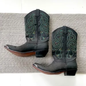 Vintage Smokey Mountain Teal Brown Embroidered Black Leather Cowboy Boots