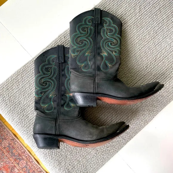Vintage Smokey Mountain Teal Brown Embroidered Black Leather Cowboy Boots