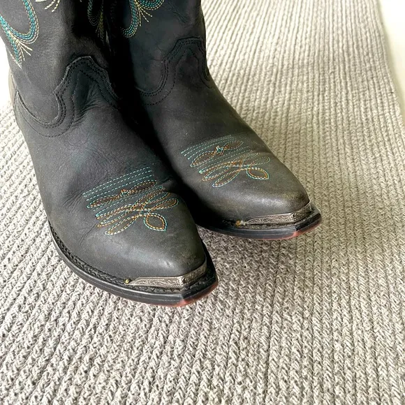 Vintage Smokey Mountain Teal Brown Embroidered Black Leather Cowboy Boots