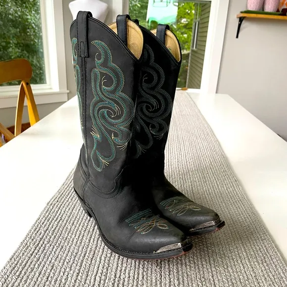 Vintage Smokey Mountain Teal Brown Embroidered Black Leather Cowboy Boots