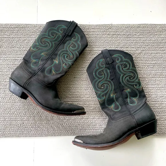 Vintage Smokey Mountain Teal Brown Embroidered Black Leather Cowboy Boots