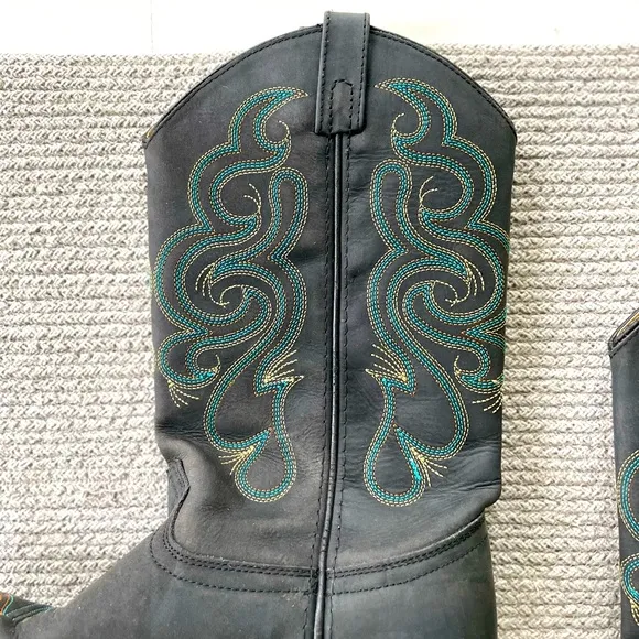 Vintage Smokey Mountain Teal Brown Embroidered Black Leather Cowboy Boots