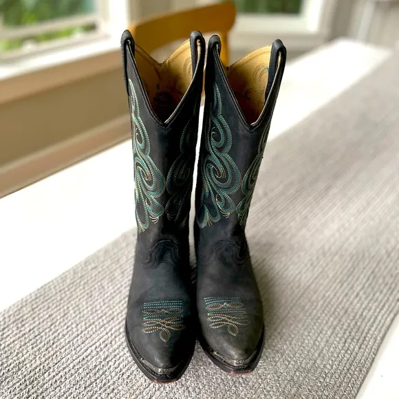 Vintage Smokey Mountain Teal Brown Embroidered Black Leather Cowboy Boots