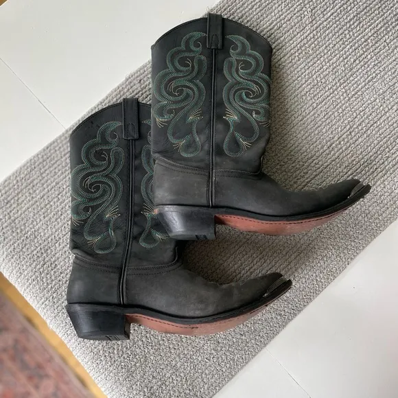 Vintage Smokey Mountain Teal Brown Embroidered Black Leather Cowboy Boots