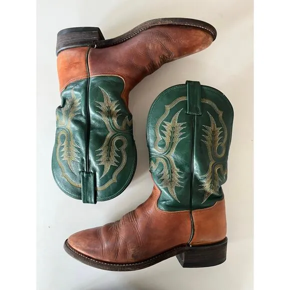 Vintage Tony Lama Green Brown Leather Cowboy Boots Western Men’s Size 8.5 D