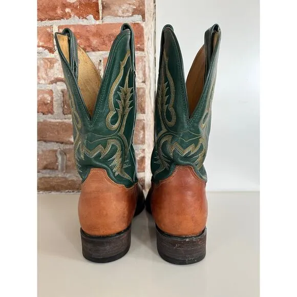 Vintage Tony Lama Green Brown Leather Cowboy Boots Western Men’s Size 8.5 D