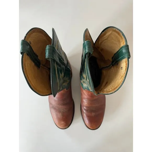 Vintage Tony Lama Green Brown Leather Cowboy Boots Western Men’s Size 8.5 D