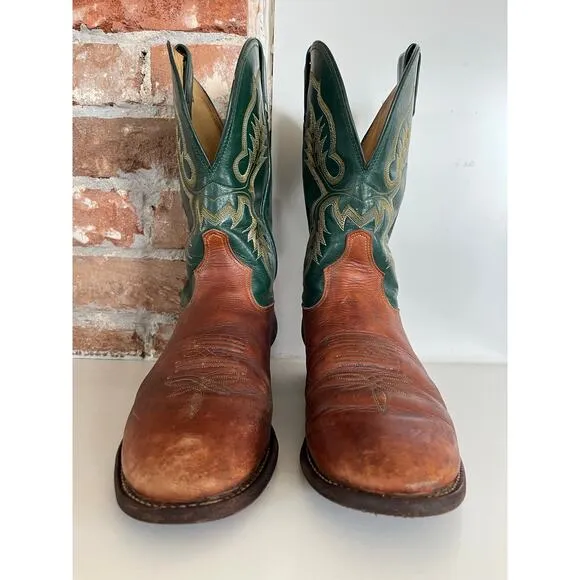 Vintage Tony Lama Green Brown Leather Cowboy Boots Western Men’s Size 8.5 D