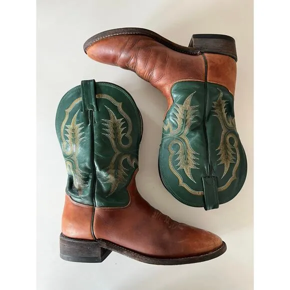 Vintage Tony Lama Green Brown Leather Cowboy Boots Western Men’s Size 8.5 D