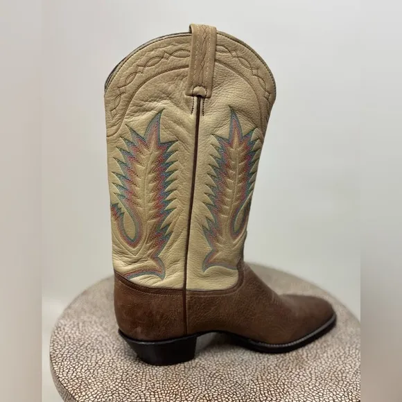 Vintage Tony Lama Taurus Shoulder rainbow stitch brown leather cowboy boots
