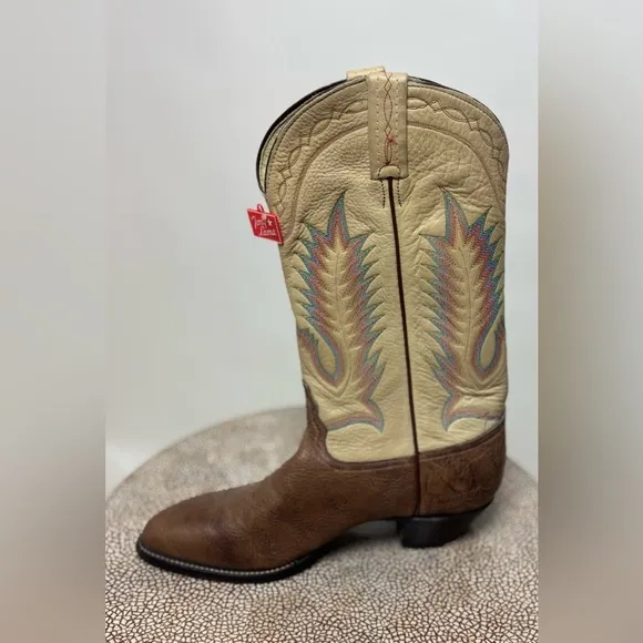 Vintage Tony Lama Taurus Shoulder rainbow stitch brown leather cowboy boots