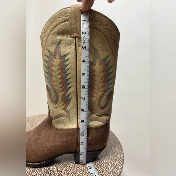 Vintage Tony Lama Taurus Shoulder rainbow stitch brown leather cowboy boots