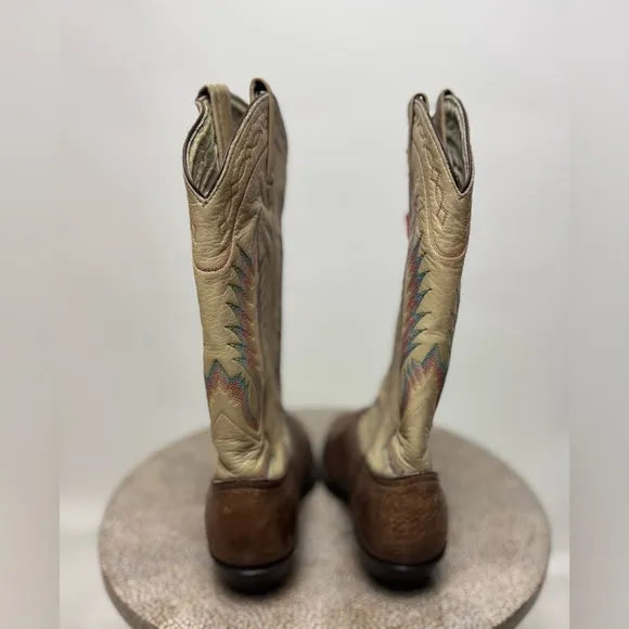 Vintage Tony Lama Taurus Shoulder rainbow stitch brown leather cowboy boots