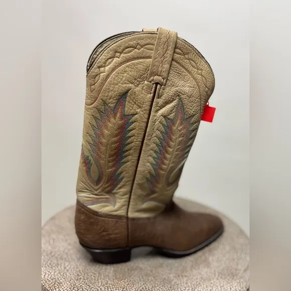 Vintage Tony Lama Taurus Shoulder rainbow stitch brown leather cowboy boots