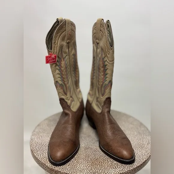 Vintage Tony Lama Taurus Shoulder rainbow stitch brown leather cowboy boots