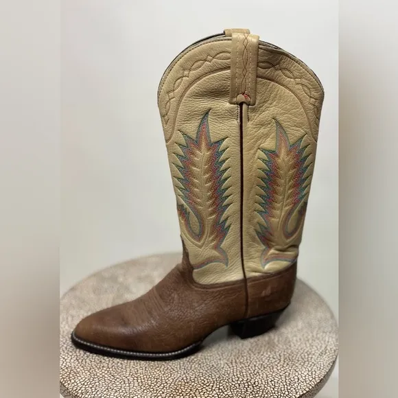 Vintage Tony Lama Taurus Shoulder rainbow stitch brown leather cowboy boots