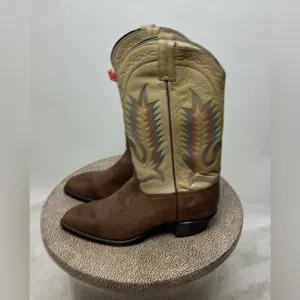 Vintage Tony Lama Taurus Shoulder rainbow stitch brown leather cowboy boots