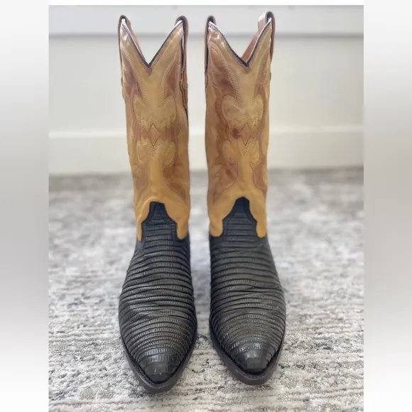 Vintage Yield Two-Tone Cowboy Boots Men 9.5 EE Brown Yellow Leather Ostrich Rare