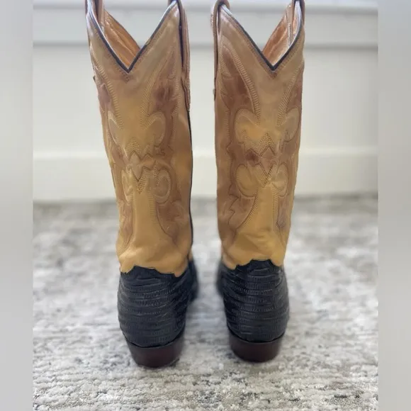 Vintage Yield Two-Tone Cowboy Boots Men 9.5 EE Brown Yellow Leather Ostrich Rare