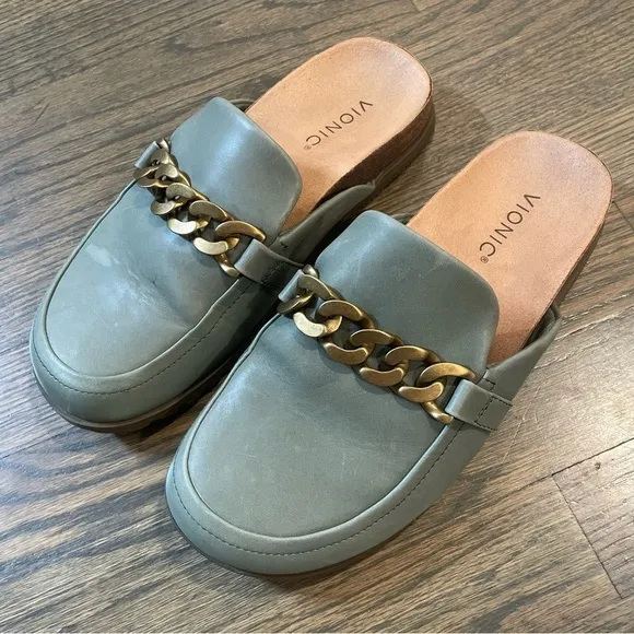 VIONIC Georgie Green Leather Slip On Flat Mules Shoes Women’s 8.5