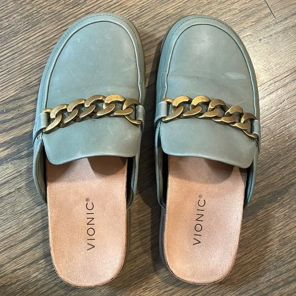 VIONIC Georgie Green Leather Slip On Flat Mules Shoes Women’s 8.5