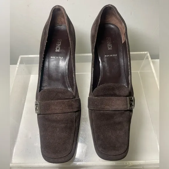 Vitage FENDI brown suede heels slip loafers shoes sz 38 made in italy
