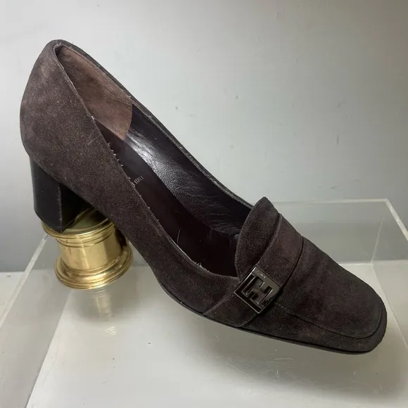 Vitage FENDI brown suede heels slip loafers shoes sz 38 made in italy