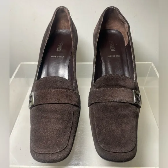 Vitage FENDI brown suede heels slip loafers shoes sz 38 made in italy