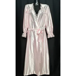 VTG 60s Lorraine Robe Womens Sz L Pink Lace Nylon Grandma Shiny Dainty Coquette