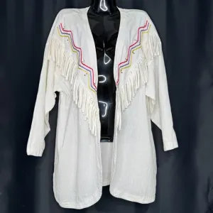 VTG 80s LA Dawn Duster Jacket Womens Size 12 White Cotton Western Fringe Open