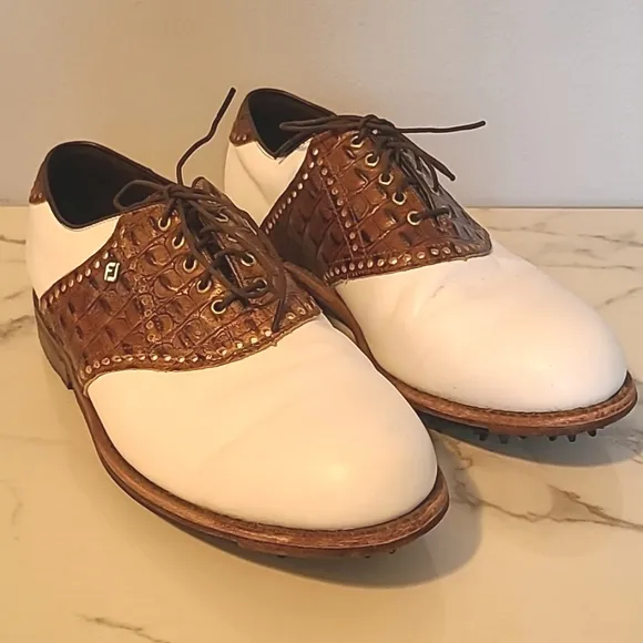 VTG FootJoy Men's 10D White Leather Brown Croc Waterproof Golf Oxford Shoes