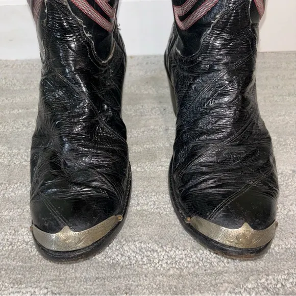 VTG Tony Lama Black Embroidered Eel Skin Leather Metal Cowboy Boots Men’s Sz 9 D