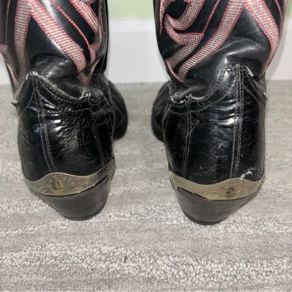 VTG Tony Lama Black Embroidered Eel Skin Leather Metal Cowboy Boots Men’s Sz 9 D