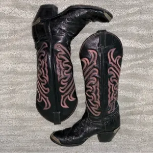VTG Tony Lama Black Embroidered Eel Skin Leather Metal Cowboy Boots Men’s Sz 9 D