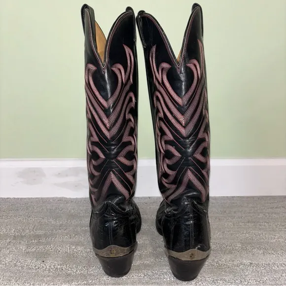 VTG Tony Lama Black Embroidered Eel Skin Leather Metal Cowboy Boots Men’s Sz 9 D