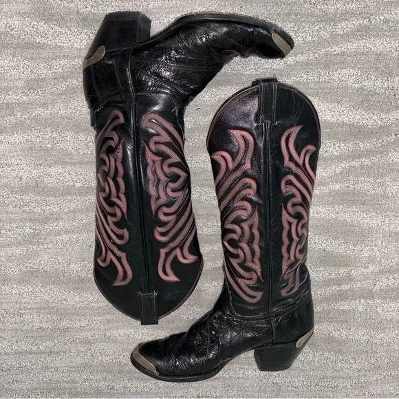 VTG Tony Lama Black Embroidered Eel Skin Leather Metal Cowboy Boots Men’s Sz 9 D