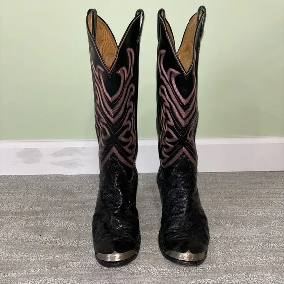 VTG Tony Lama Black Embroidered Eel Skin Leather Metal Cowboy Boots Men’s Sz 9 D