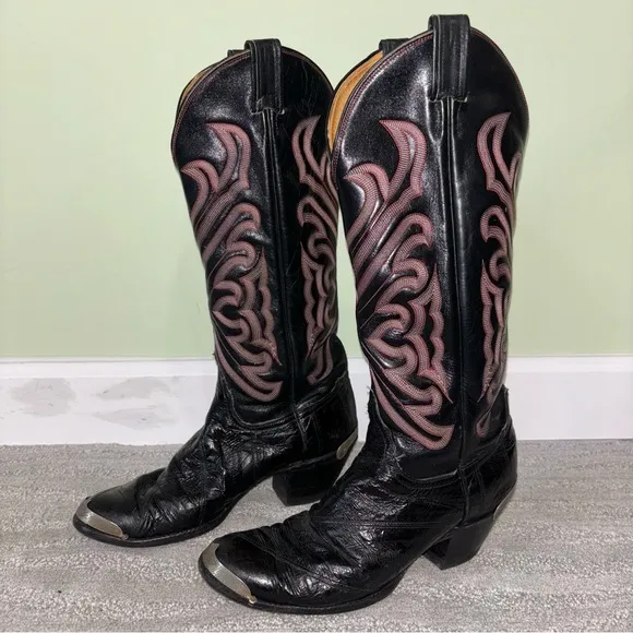 VTG Tony Lama Black Embroidered Eel Skin Leather Metal Cowboy Boots Men’s Sz 9 D