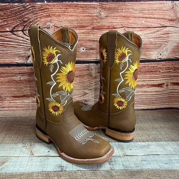 Women Western Cowgirl Cowboy Rodeo Sunflower Square Toe Boots Botas Vaqueras
