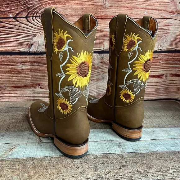 Women Western Cowgirl Cowboy Rodeo Sunflower Square Toe Boots Botas Vaqueras